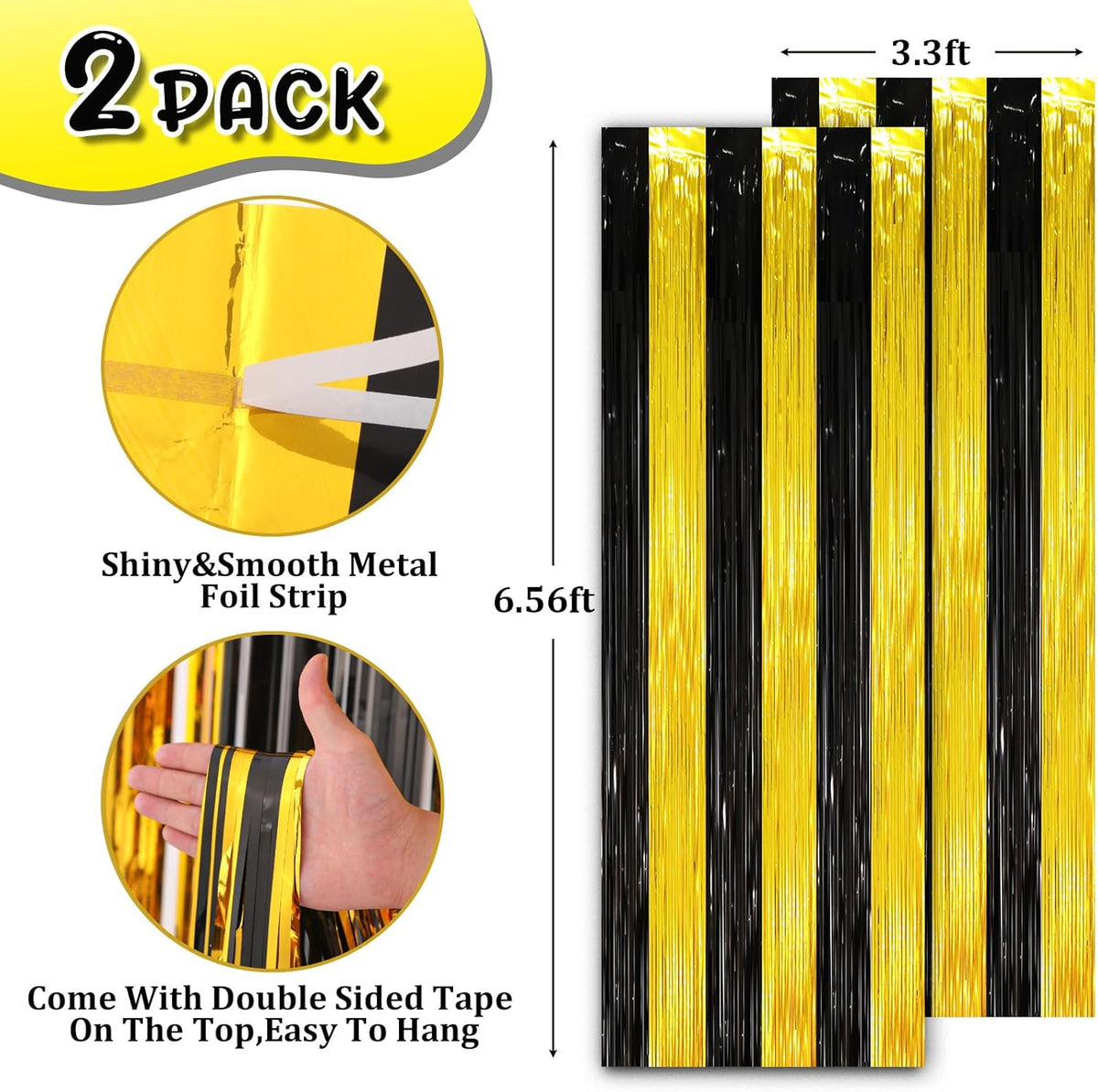 2 Pack Black and Gold Tinsel Foil Fringe Curtains, Black and Gold Party Decorations, Metallic