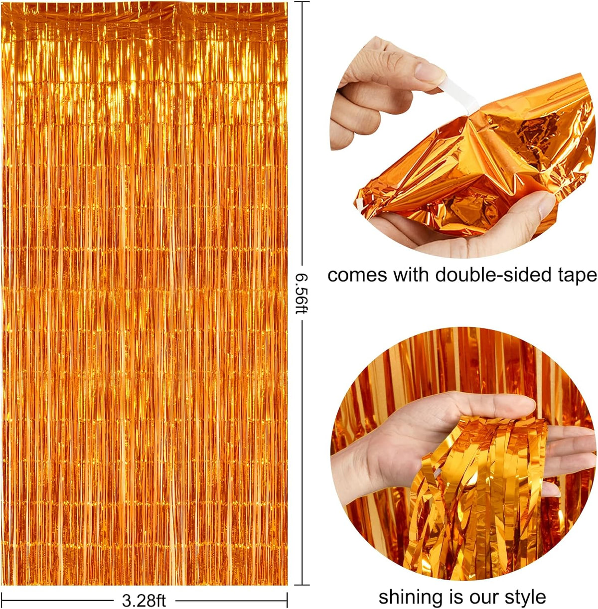 TONIFUL 3Pcs Orange Door Streamers,Photo Booth Backdrop Metallic Streamers Foil Fringe Curtains for