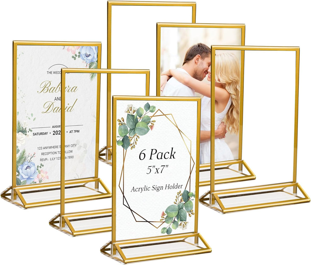 6 Pack Acrylic Sign Holder 5x7" Photo Frames, Double-sided Clear Menu Holder Gold Picture Frames