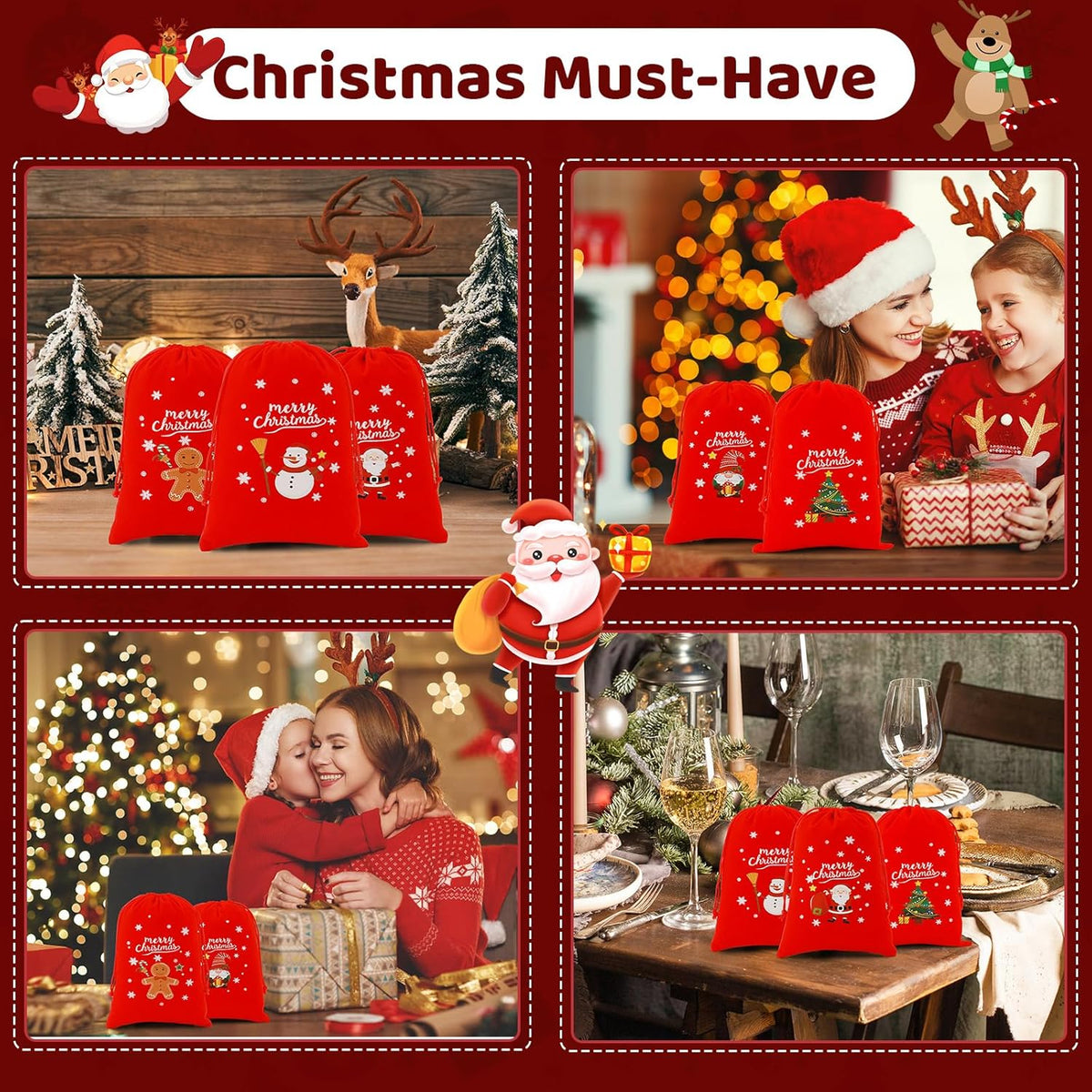 Tapleap Velvet Coth Christmas Bags with Drawstring, 50Pcs 5x7 for Wrapping Christmas Party Favors