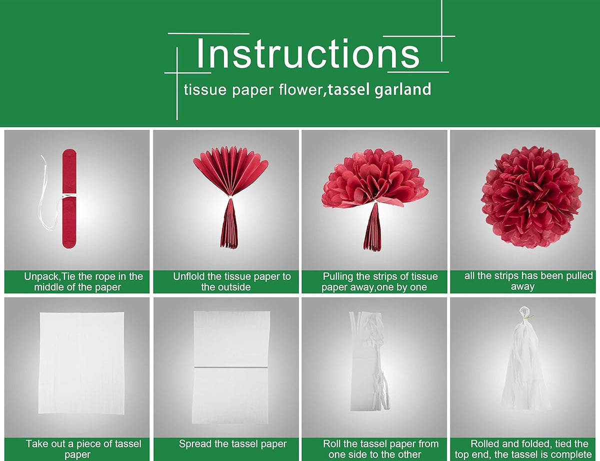 Red White Green Christmas Decorations - 23pcs Tissue Paper Flowers Pom Poms Tassel Garland Banner