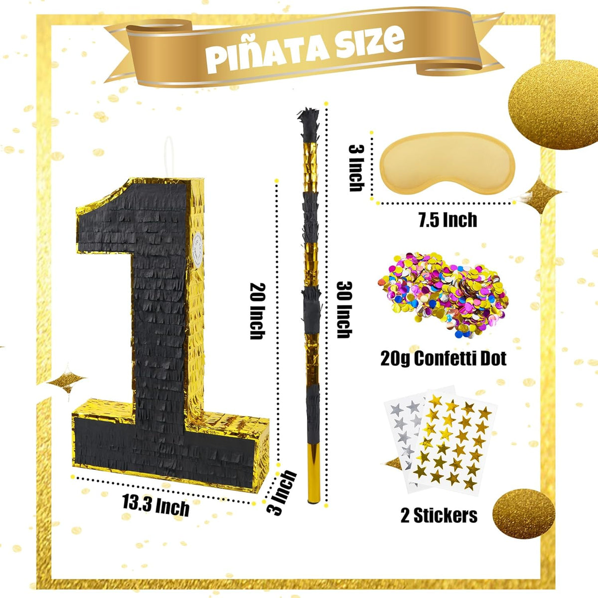 PCFING 20 Inch Number 1 Piñata Gold Black with 30 Inch Piñata Stick Blindfold Confetti for Man