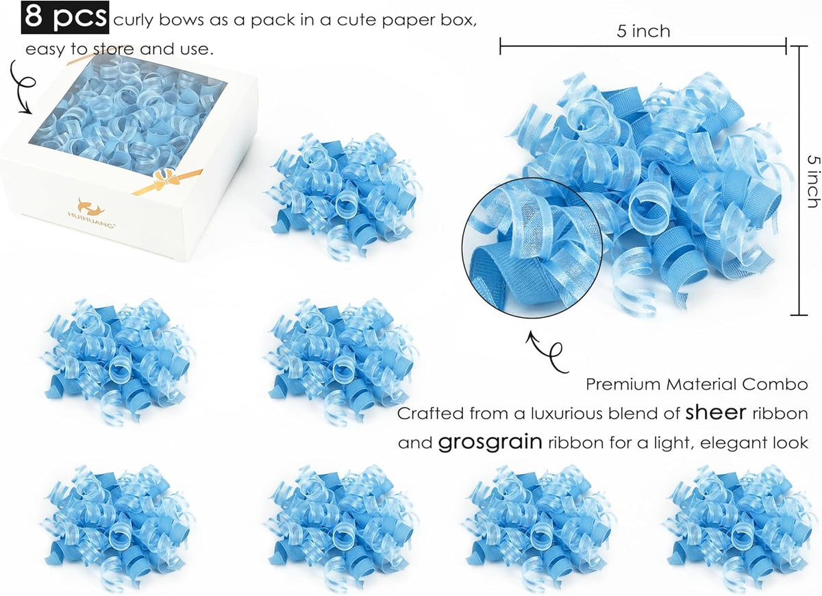 HUIHUANG Blue Bows for Gift Wrapping Baby Blue Gift Bows 5 inch x 8 Counts Self-Adhesive Curly