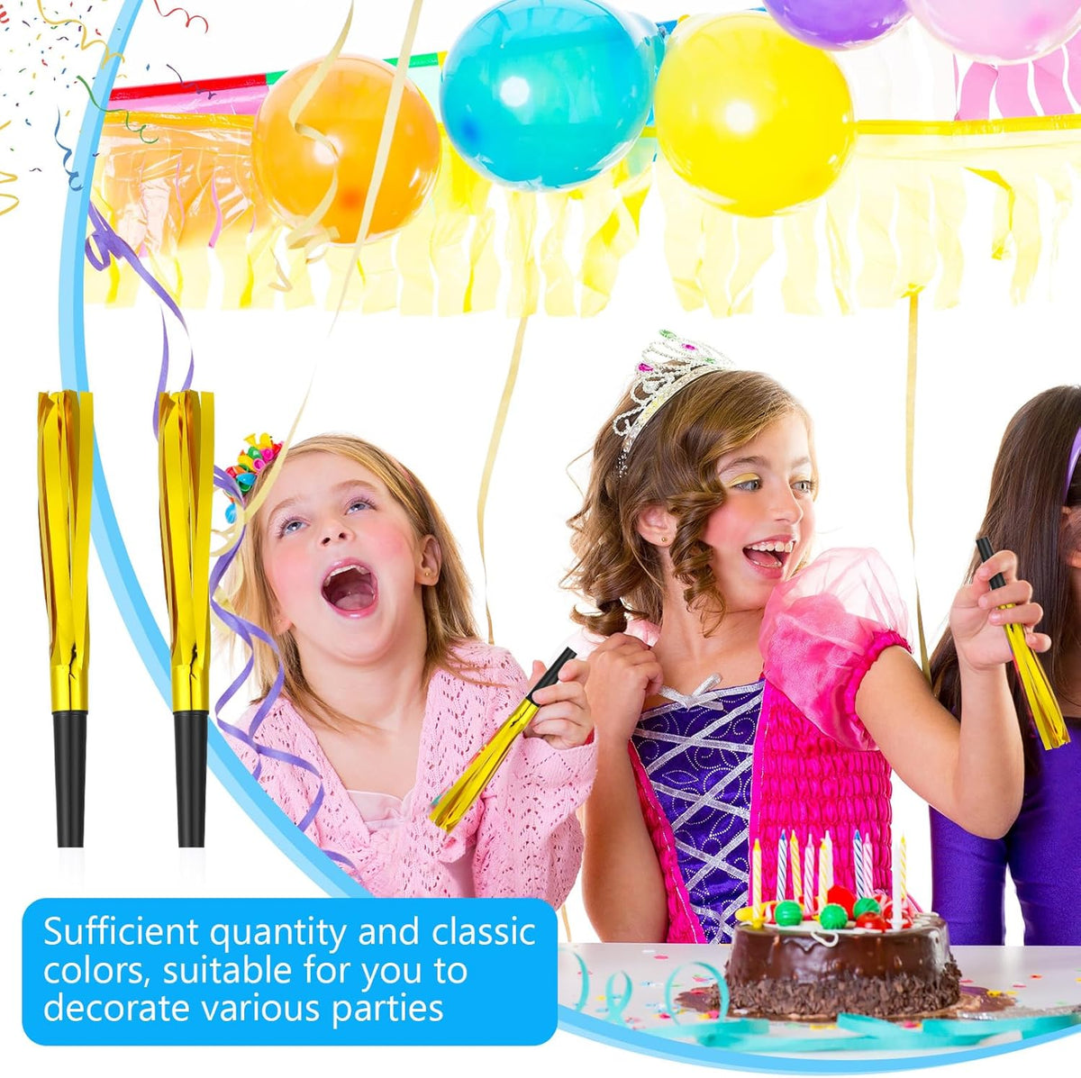 48 Pcs Gold Noise Makers Glitter Metallic Fringed Noise Makers Horns for Baby Shower, Kids