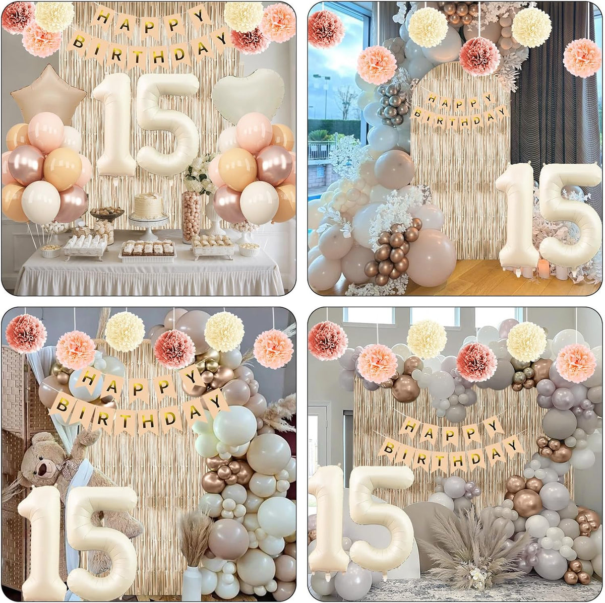 Beige 15th Birthday Decorations Girls Boys Cream Number 15 Balloon Nude Gold Happy Birthday Banner