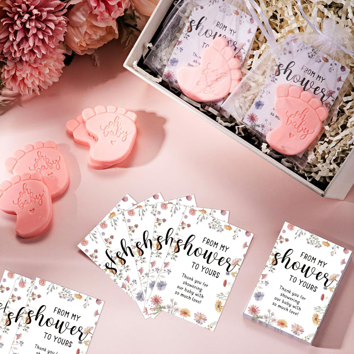 50 Sets Baby Shower Soap Favors for Guests - Mini Handmade Footprint Scented Soap with Thank You