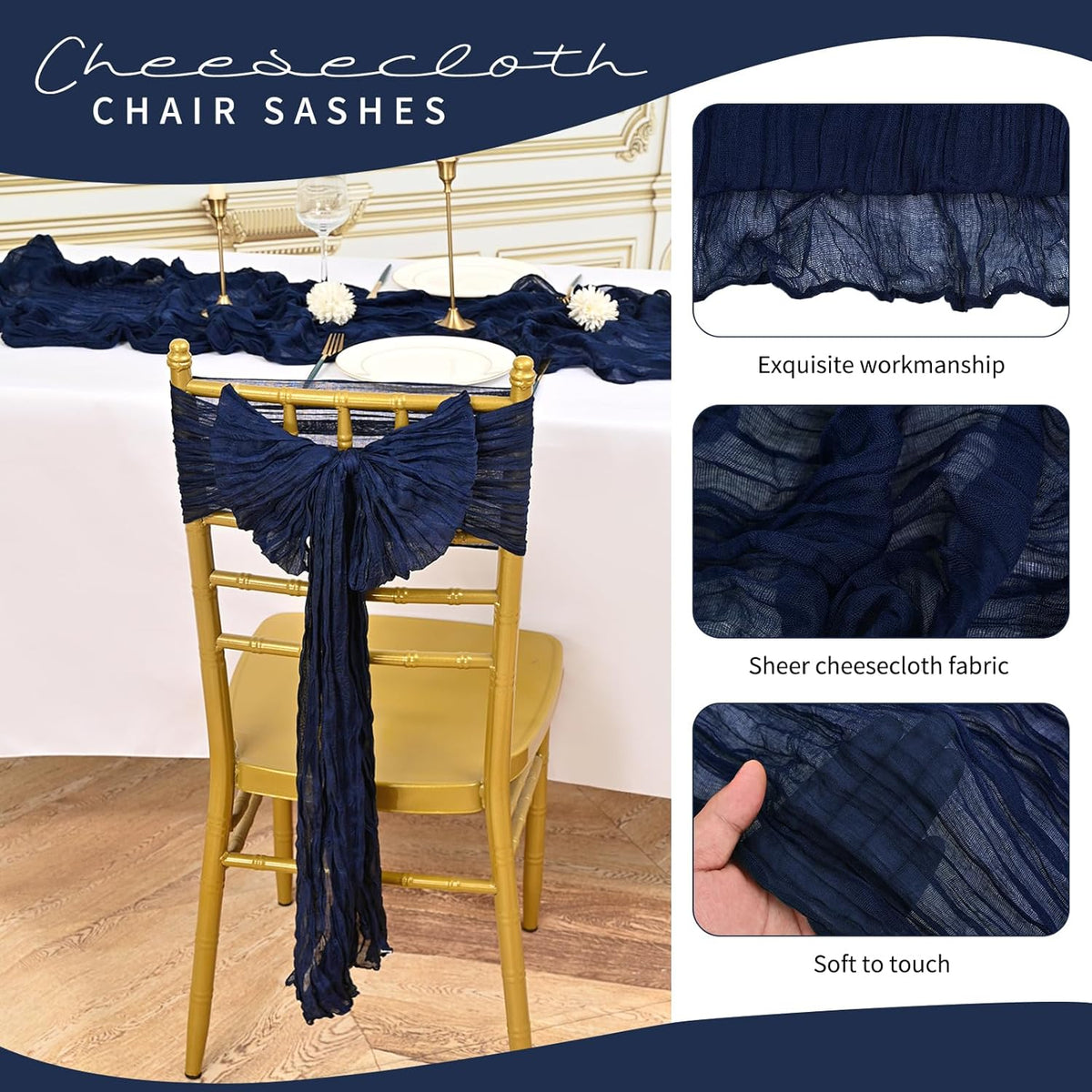 50 PCS Cheesecloth Chair Sashes, Bows Designed ChairSashes, 15.7x108 inch Chair Sashes for Aisle