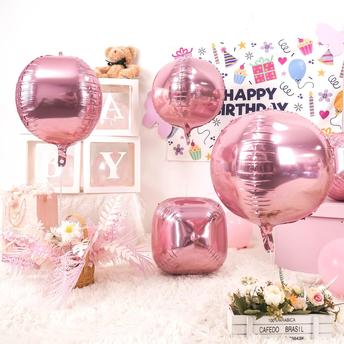 Giant 4D Pink Foil Balloons, 6Pcs Large Metallic Pink Round Balloons, 22 Inch Big Round Foil