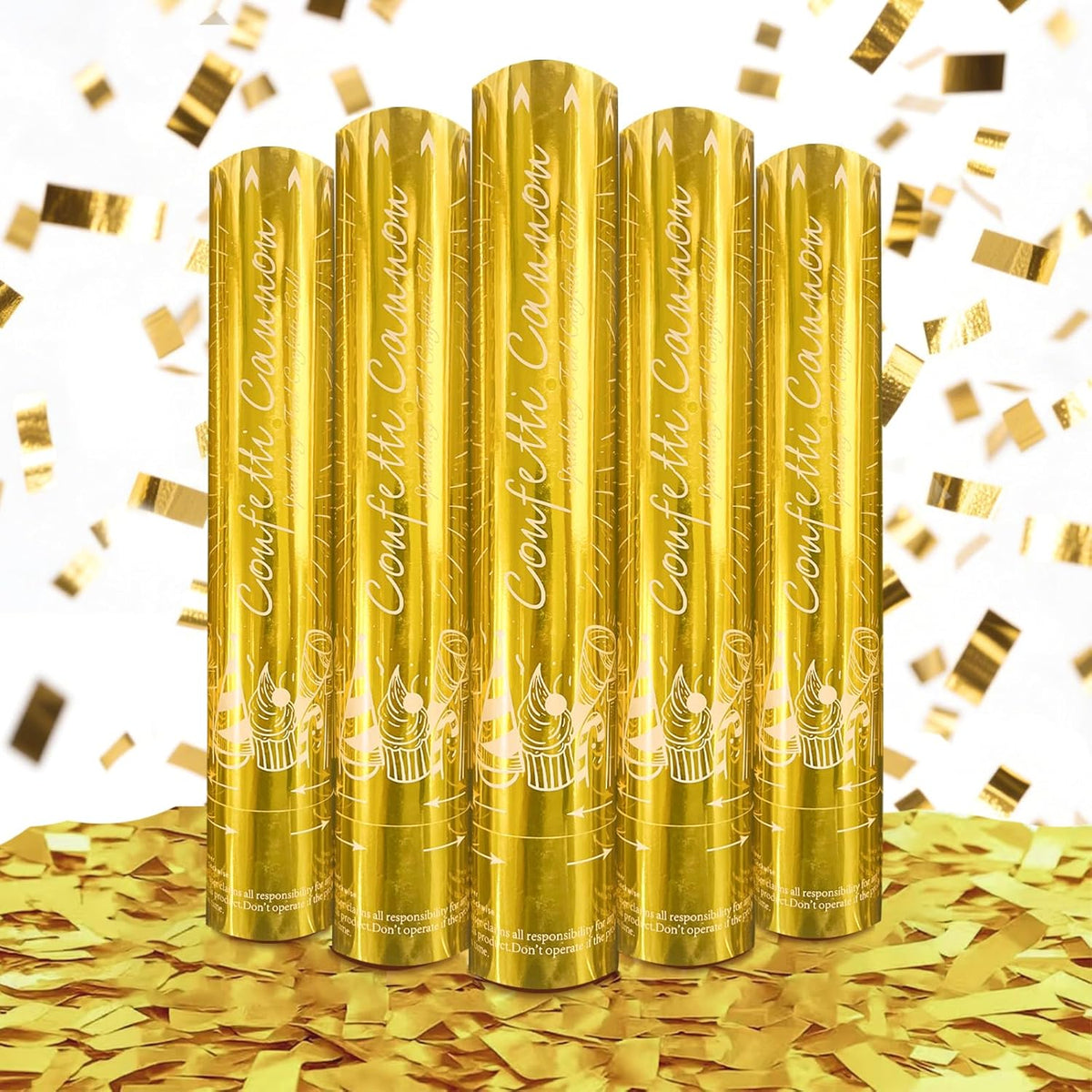 5-Pack Gold Confetti Poppers, 12-Inch Recyclable Confetti Cannons for Weddings, Birthdays