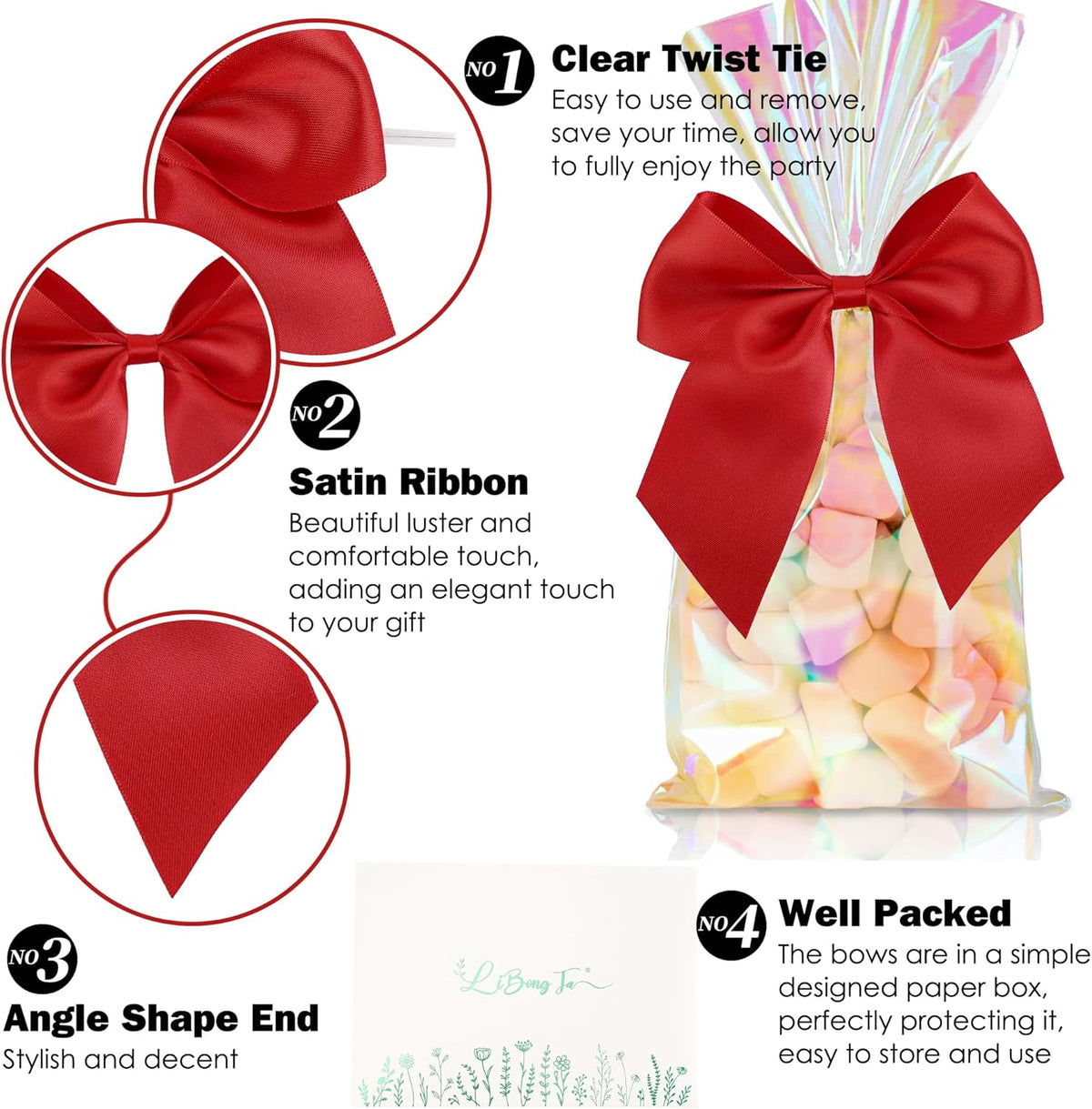 5'' Red Bow Party Decorations Satin Bows, Twist Tie Bows for Treat Bags, Cake Pops, Pre-Tied Bow