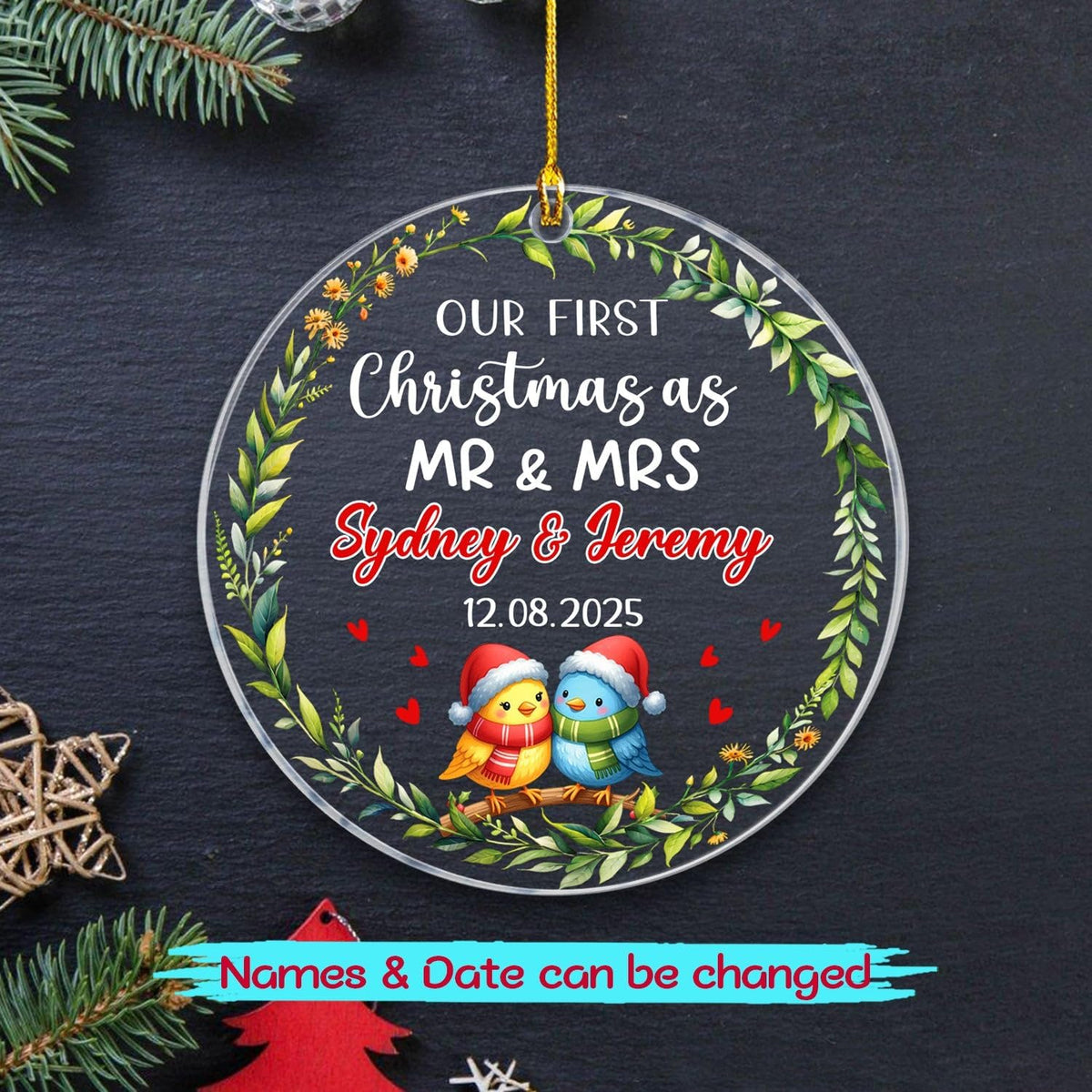 Our First Christmas As Mr & Mrs Ornament 2025, Personalized 1st Christmas As Mr & Mrs Bird Married