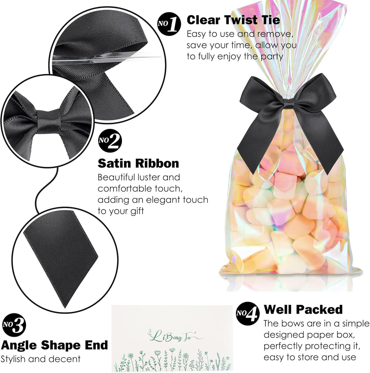 3.5" Black Bow Satin Pre-Tied Bows for Gift Wrapping, Small Bows for Crafts, Premade Bows, Candy