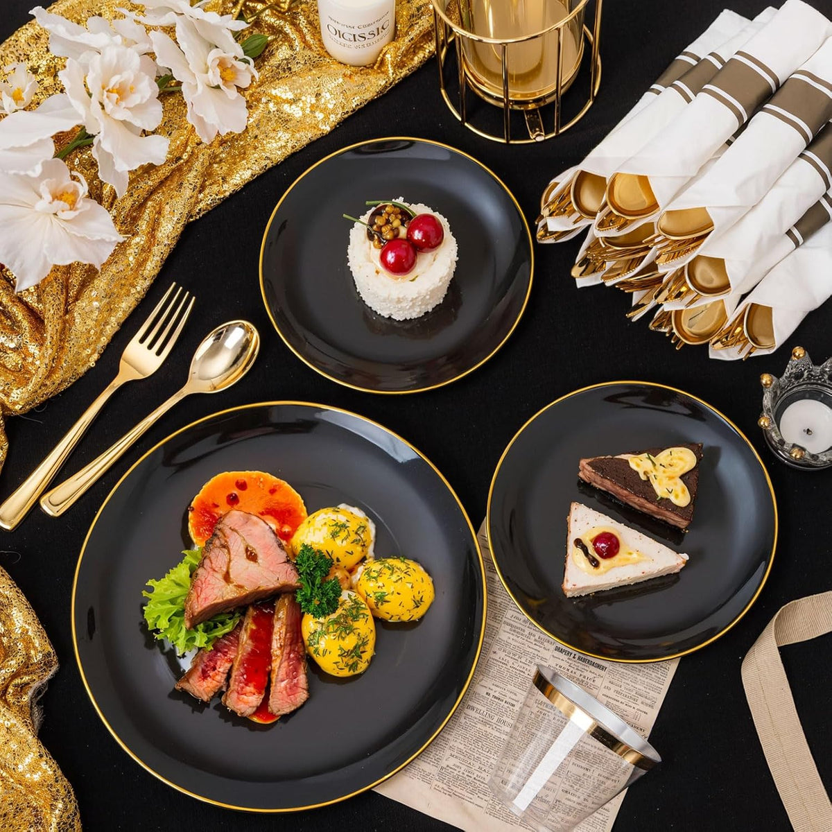KIRE 175Pcs Black Plates Disposable - Heavy Duty Black and Gold Plastic Plates- 25 for Dinner 25