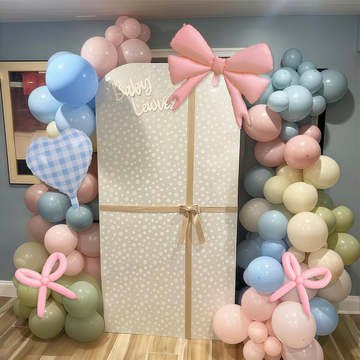 Goose Balloon Arch Kit Pastel Pink Blue Sage Green Balloons Garland with Bow Gingham Heart Foil