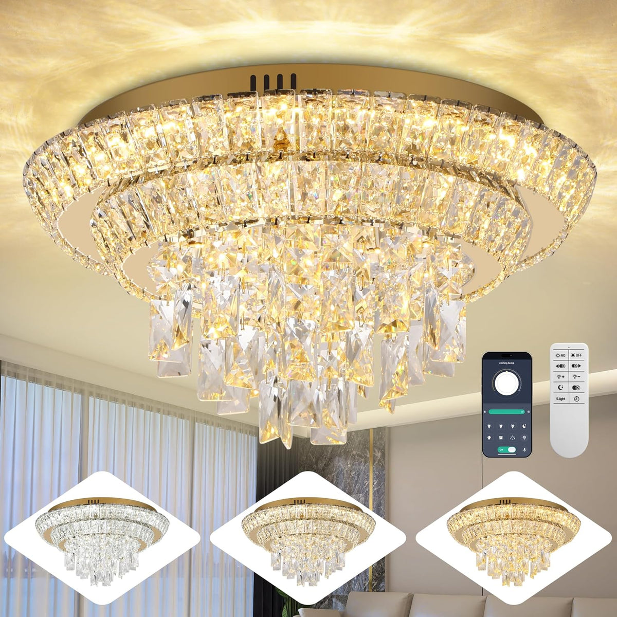 18 inch Crystal Gold Ceiling-Light Flush Mount with Remote Control and APP, 3CCT Dimmable &