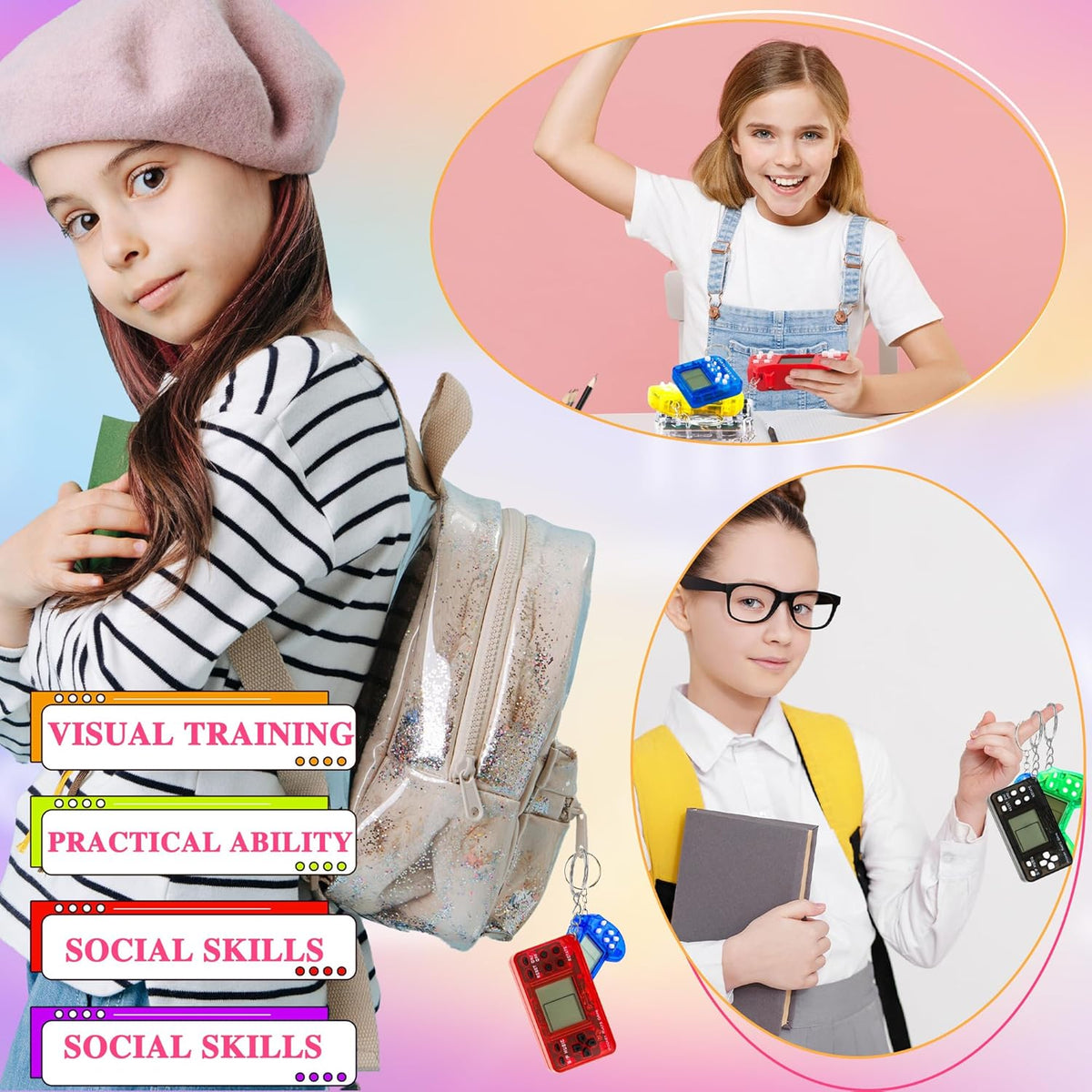 36 Pack Video Game Keychain Mini Square Handheld Video Game Key Chain for Kids Birthday Video Game