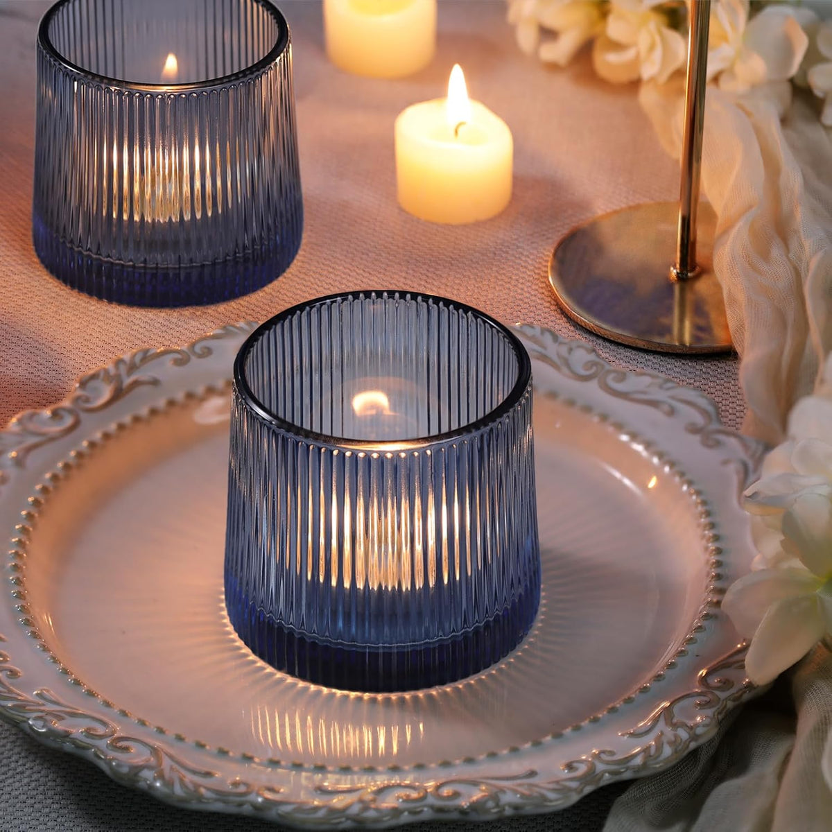 DARJEN Blue Ribbed Tealight Votive Candle Holders Set of 10- Votive Candle Holders for Table