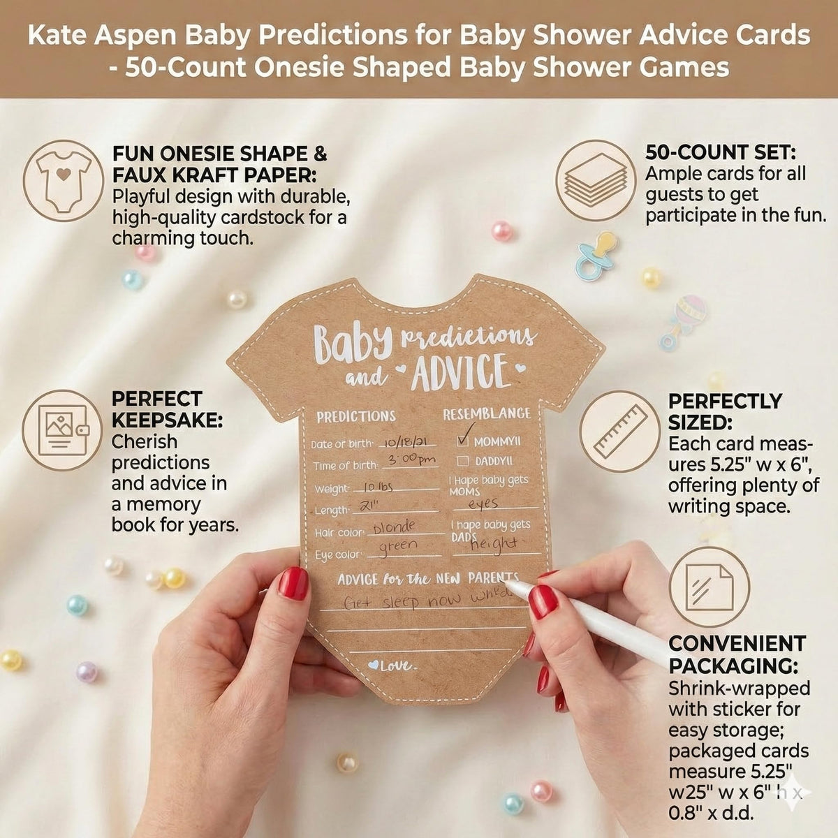 Kate Aspen Baby Predictions for Baby Shower Advice Cards - 50-Count Onesie Shaped Baby Shower Games