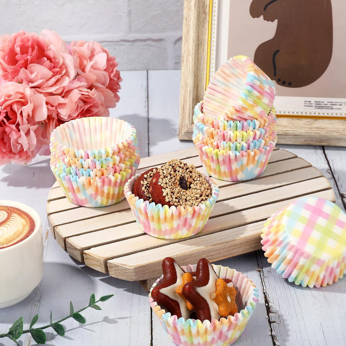 Whaline 300Pcs Pastel Plaid Paper Baking Cups Colorful Checkered Cupcake Liners Muffin Liner Cake