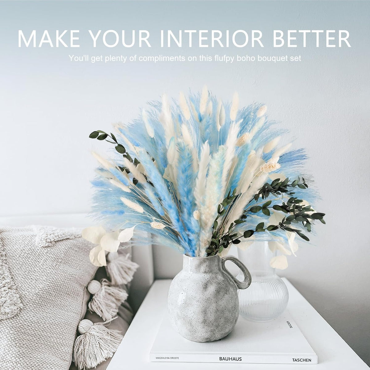 N&T NETING 101Pcs Blue Pampas Grass Decor Natural Dried Floral Pampas Grass Light Blue Boho Pampas