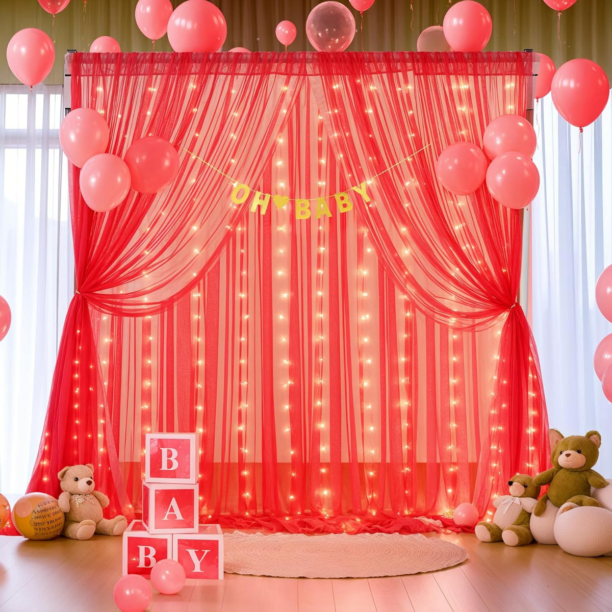 Red Tulle Backdrop Curtain with Lights String for Parites 10x8ft Red Sheer Backdrop Curtains Drapes