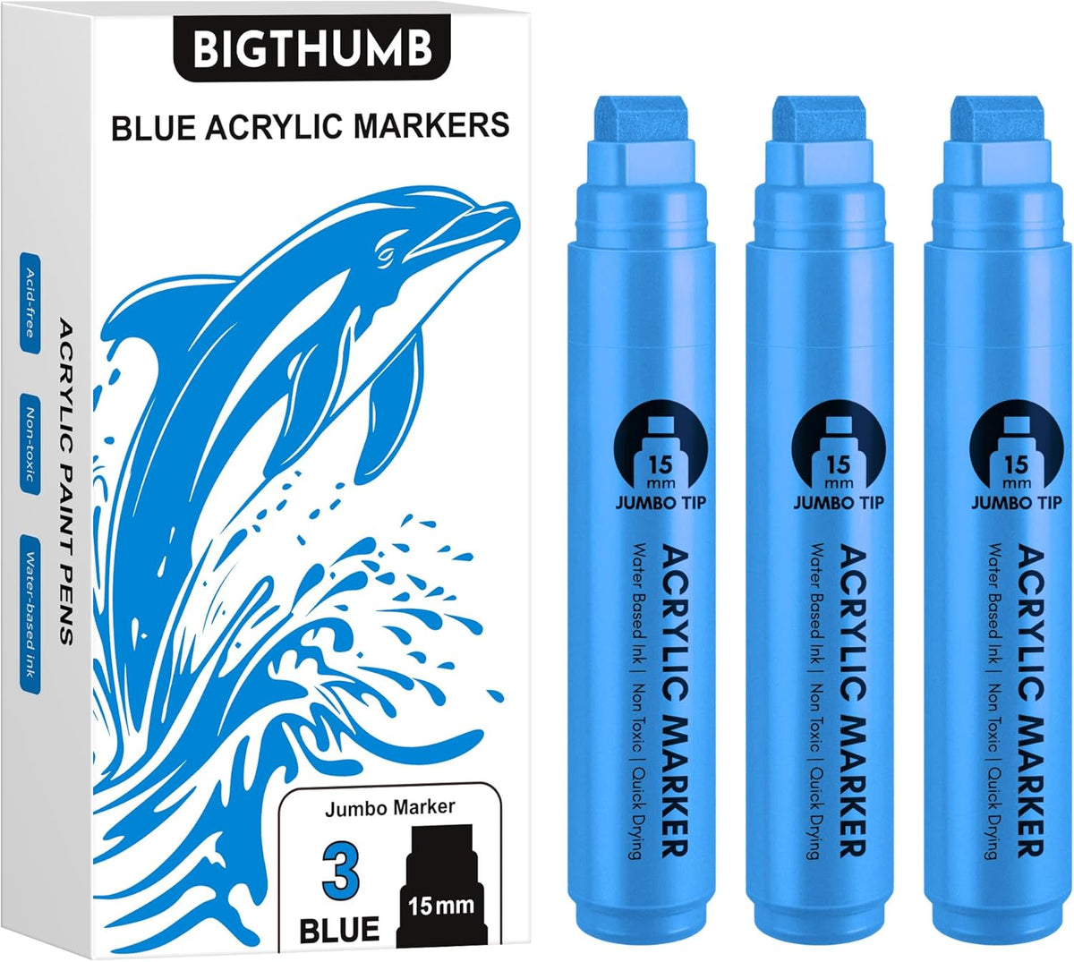 3 Pcs Blue Jumbo Permanent Markers: 15mm Wide Tip Thick Acrylic Paint Pen Large Calligraphy Marker