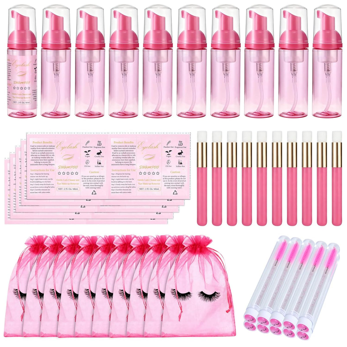 50 Pcs Lash Shampoo Bottle Brushes Set 10 Empty Foam Pump Dispensers 10 Label Stickers 10 Mascara