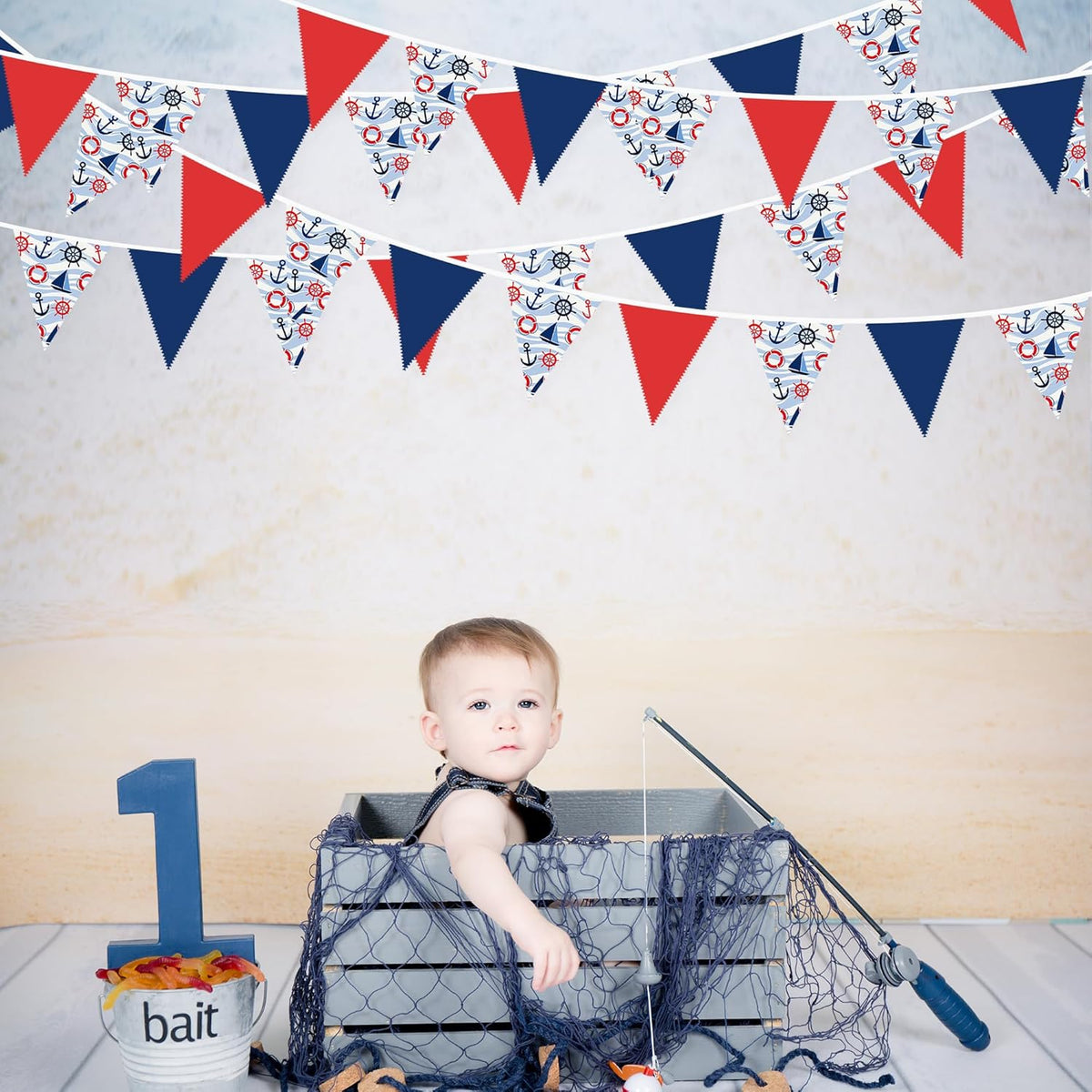 32Ft Nautical Party Decorations Red Blue White Nautical Themed Fabric Banner Triangle Pennant Flag