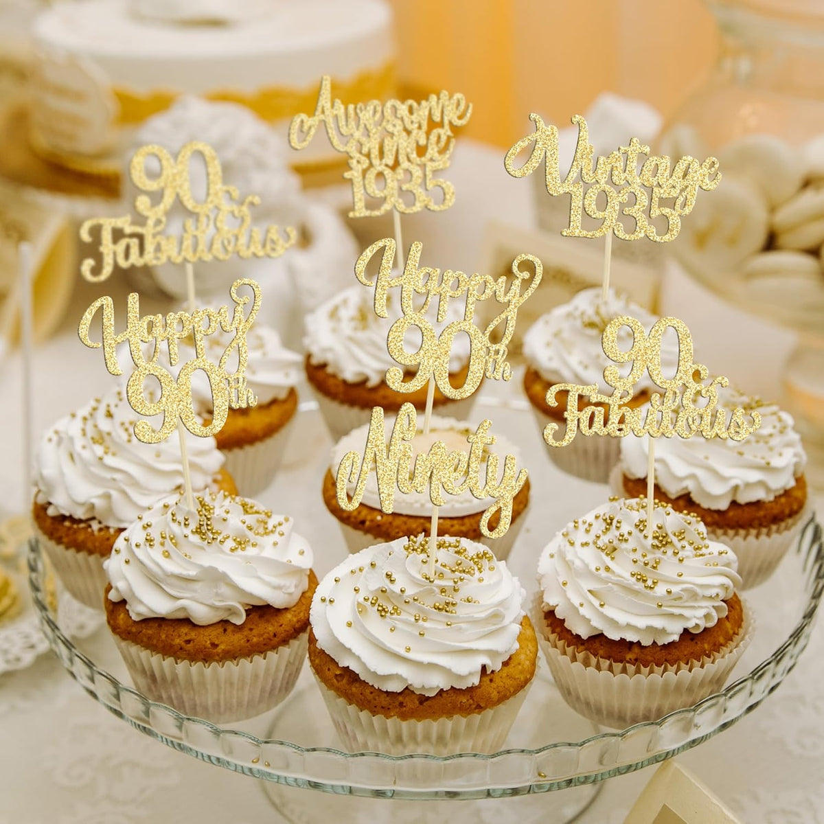 30Pcs Vintage 1935 Cupcake Toppers Glitter Ninety Happy 90th Birthday 90 Fabulous Cupcake Picks