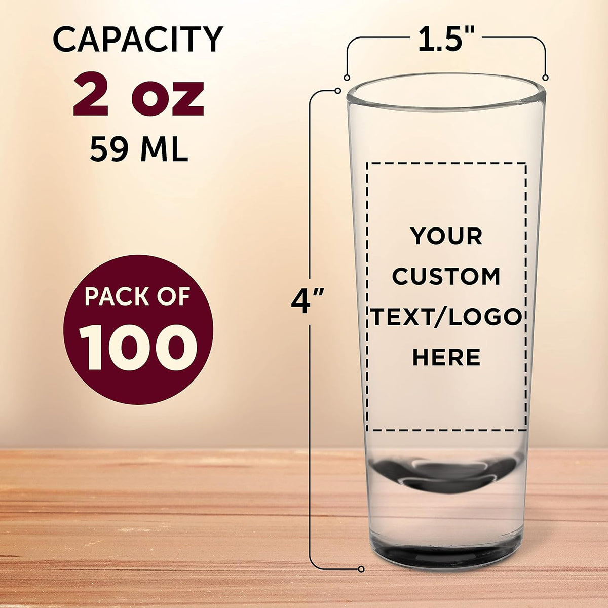 Custom Cordial Shooter Shot Glasses 2 oz. Set of 100, Personalized Bulk Pack - Great for Birthdays