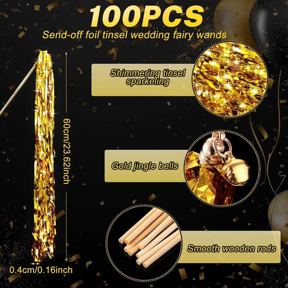100 Pcs Wedding Fairy Wands with Bells Foil Tinsel Ribbon Stick Wands Tinsel Party Streamers with