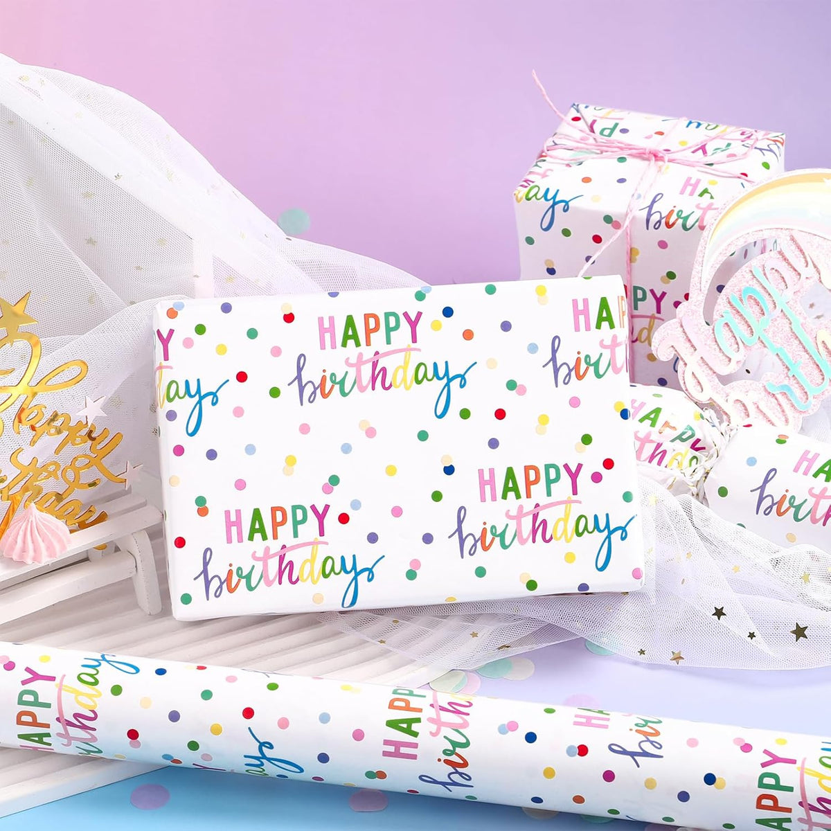 LeZakaa Birthday Wrapping Paper Roll, Happy Birthday Lettering & Colored Polka Dots Design in White
