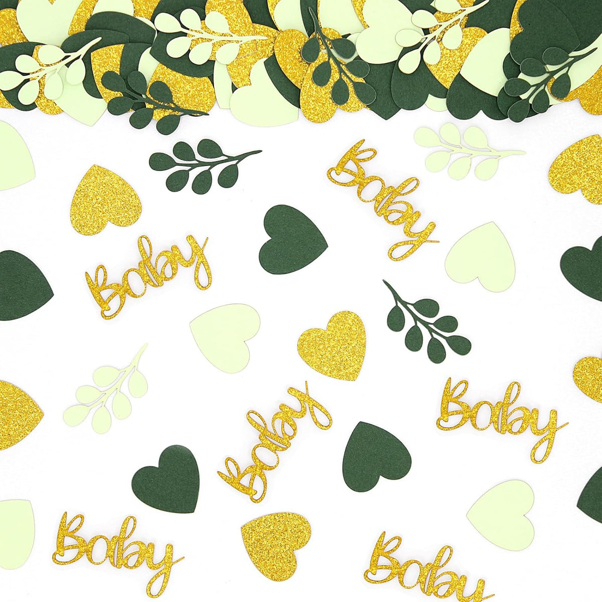 200PC Sage Green Baby Shower Confetti Green Gold Glitter Heart Table Confetti for Greenery Gender