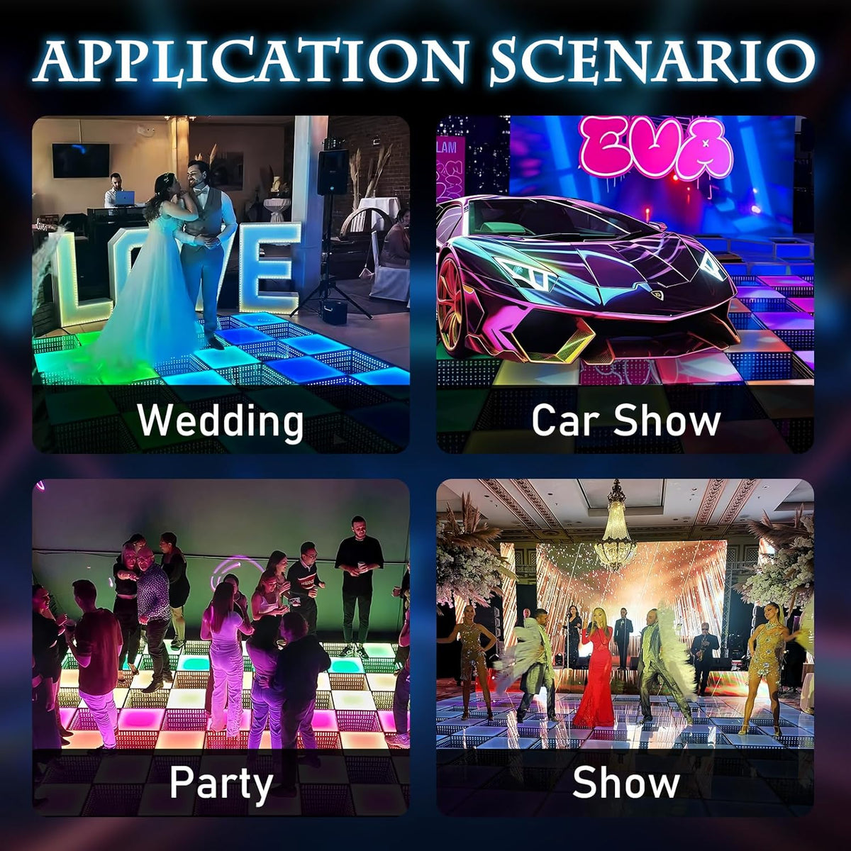 Dance Floor Stage Lights-Tempered Glass with Flight Case - RGB Color Changing Lights for Wedding