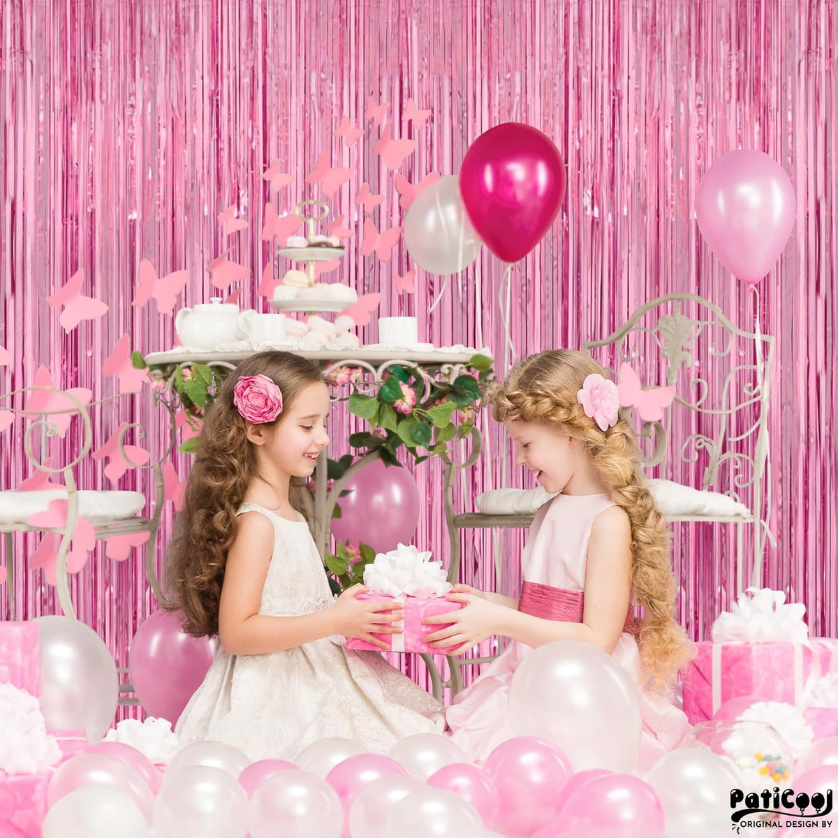 Pink Streamers Party Decorations - Thicken 4 Pack 3.2 x 8.2 FT - Pink Tinsel Foil Fringe Curtains