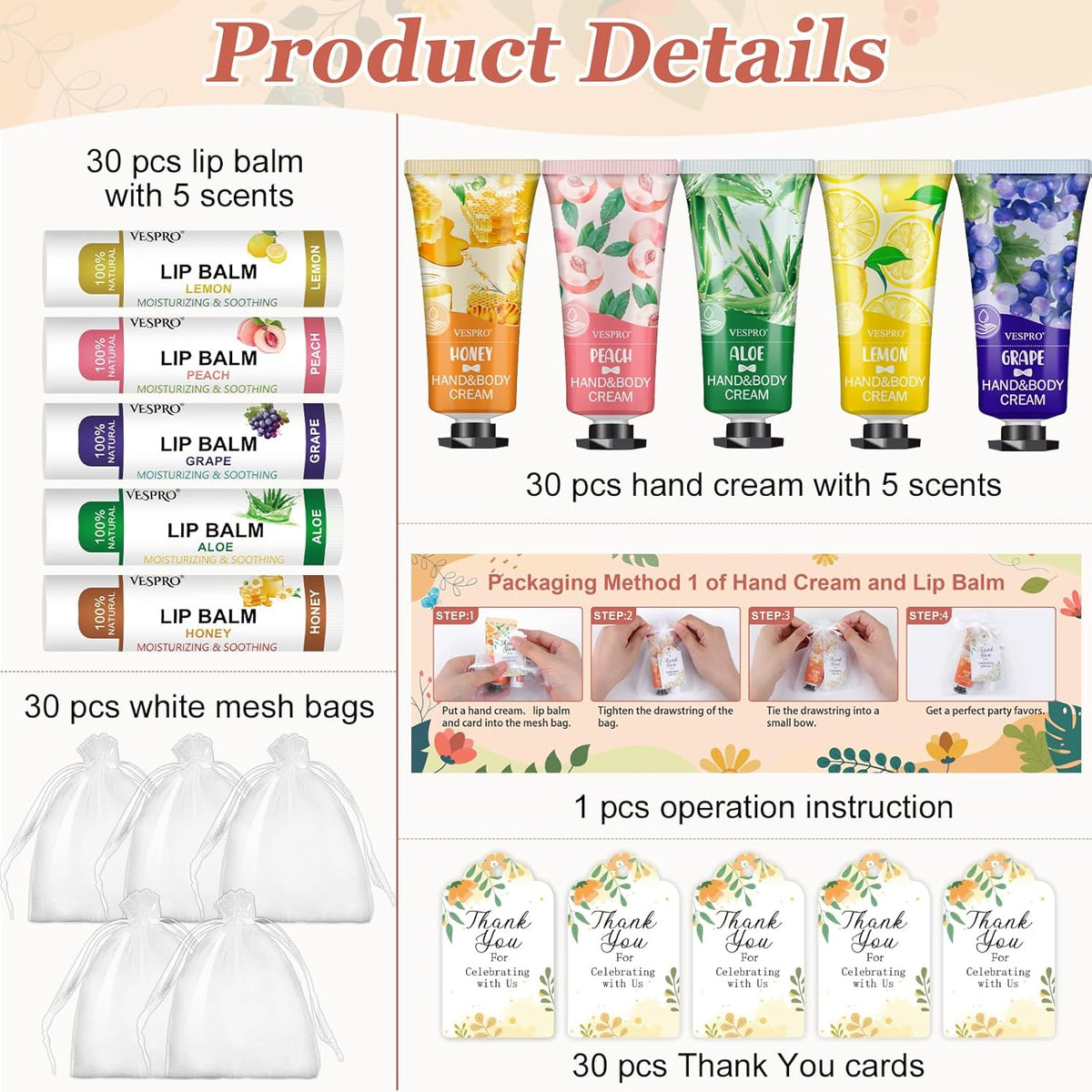 30 Sets Bulk Hand Lotion and Bulk Lip Balm Gifts, Bridal Shower Favors, Bridesmaid Gifts and