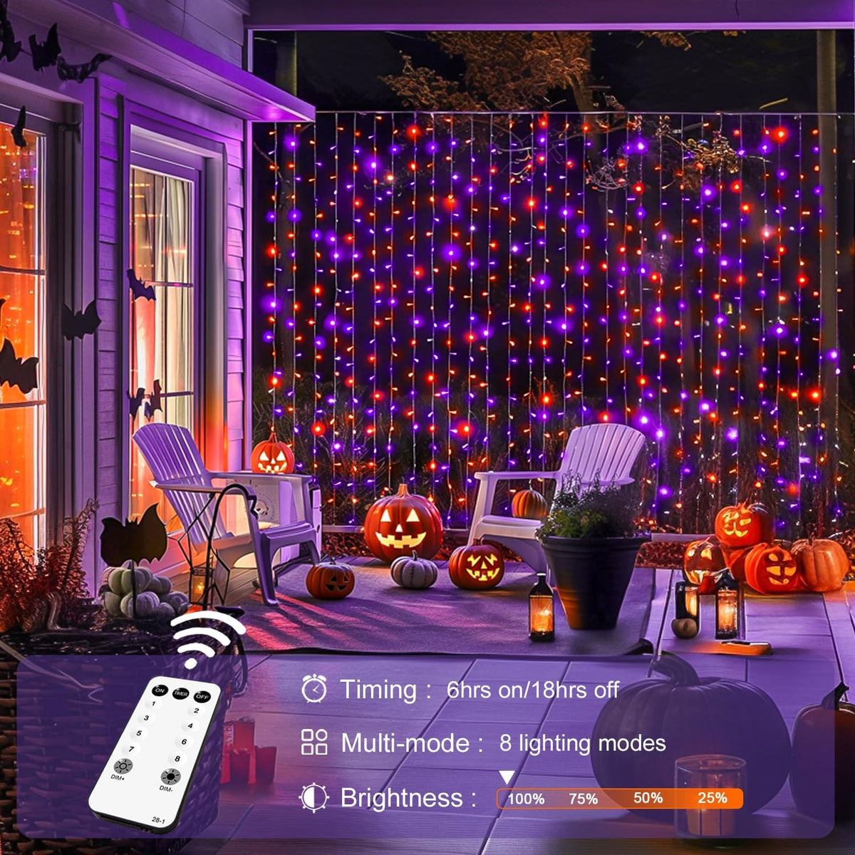 JMEXSUSS 300LED Orange and Purple Halloween Curtain Lights with Remote, 9.8x9.8ft Window Twinkle