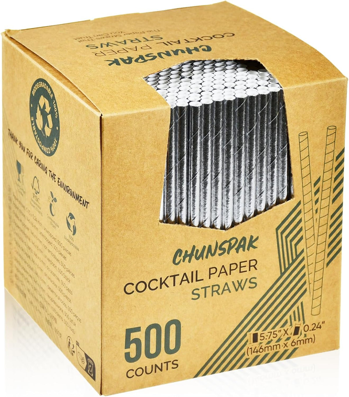 Chunsapk 5.75 inch Disposable Short Silver Paper Cocktail Straws, Stirring Straws 500 Counts - for