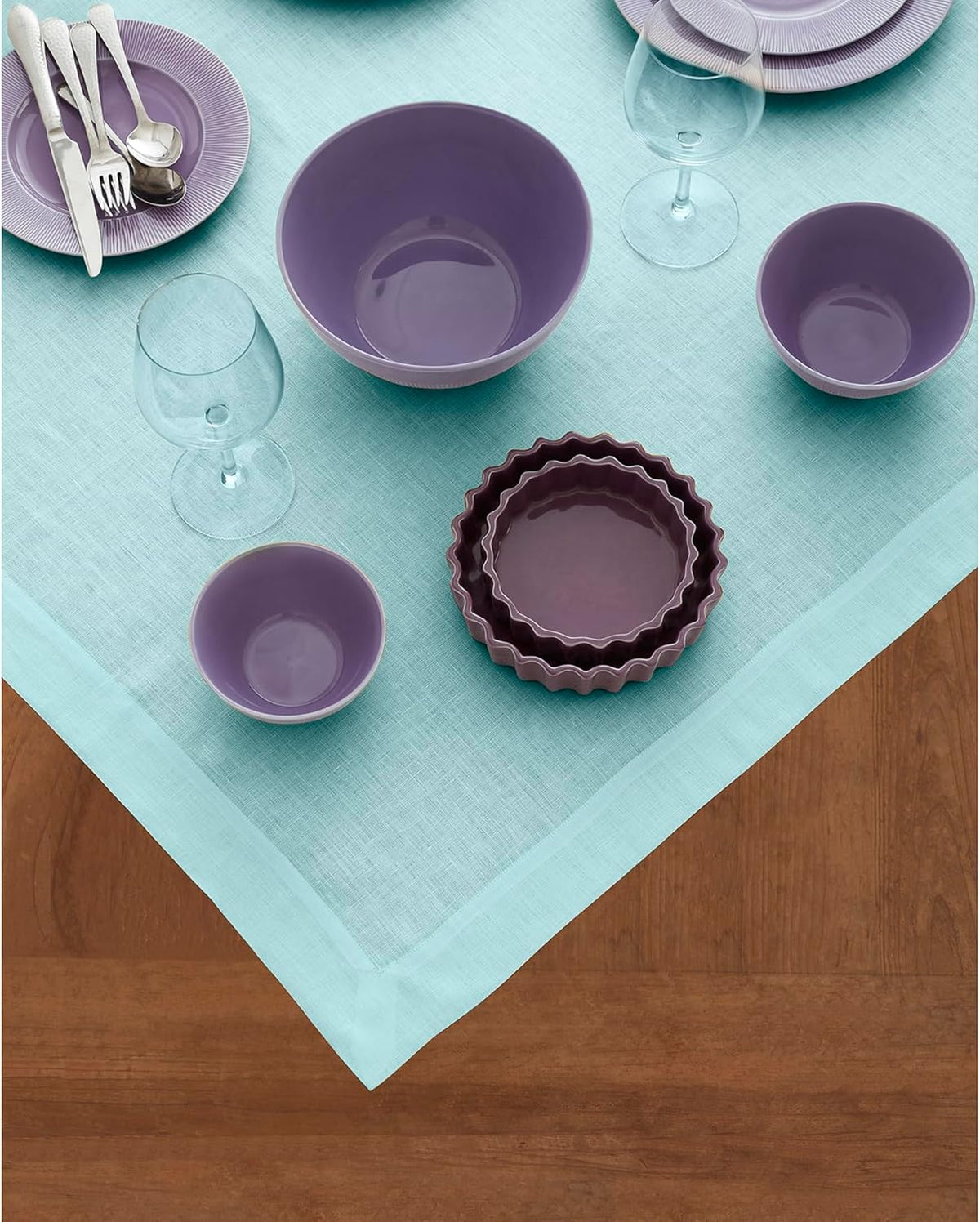 Solino Home Aqua Blue Linen Tablecloth 52 x 52 Inch - 100% Pure Linen Square Table Throw - Fete