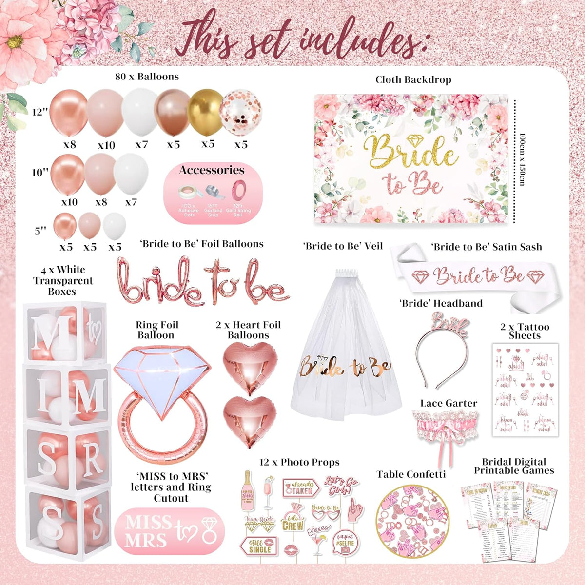 189 pc Bridal Shower Party Decorations – Balloons, Bride to Be Sash, Veil, Headband, Backdrop