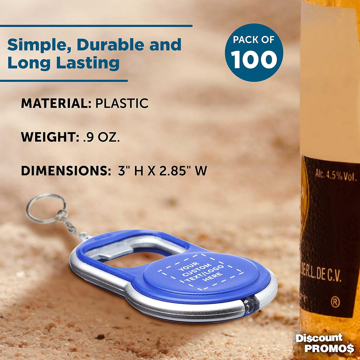 DISCOUNT PROMOS Custom Bottle Opener & LED Keychains Set of 100, Personalized Bulk Pack - Perfect