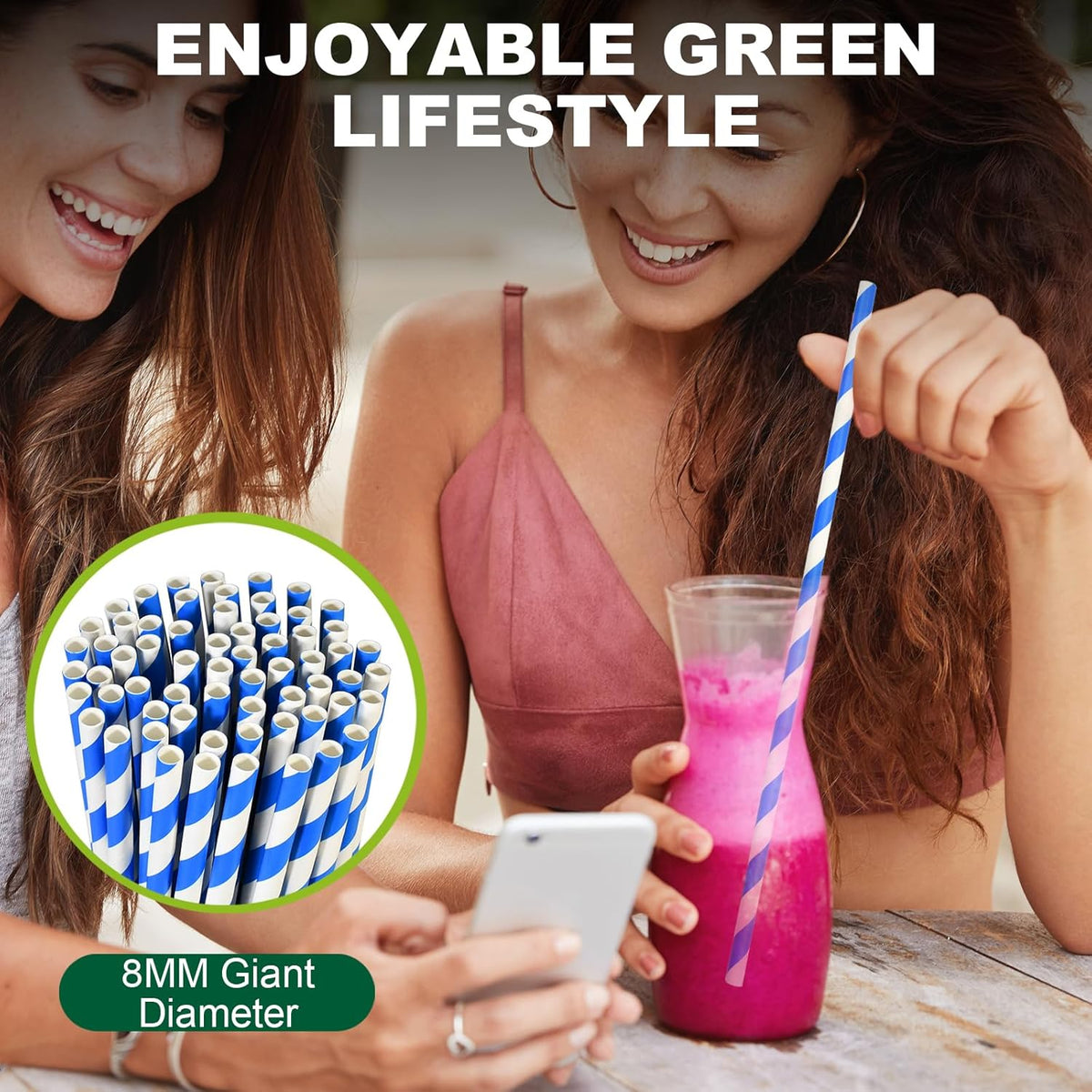 12 Inch Disposable Paper Drinking Straws Large and Tall, 8mm Wide - for Long Drinks, Smoothies