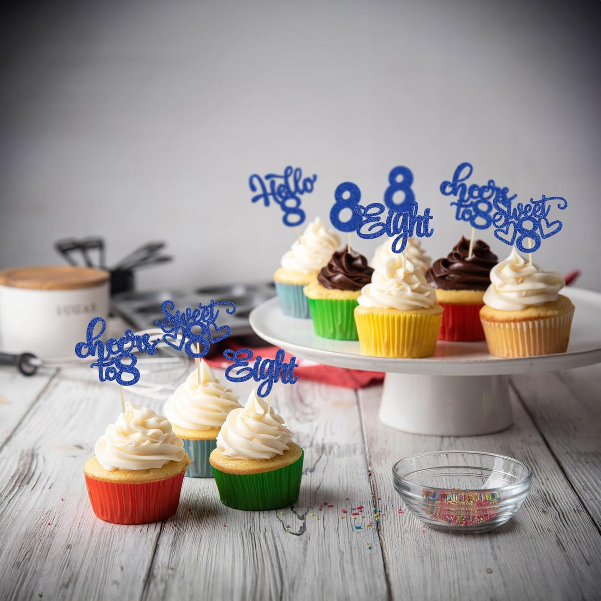 30Pcs 8th Birthday Cupcake Toppers Glitter Eight Hello 8 Cupcake Picks Cheers to 8 Years Old Cake