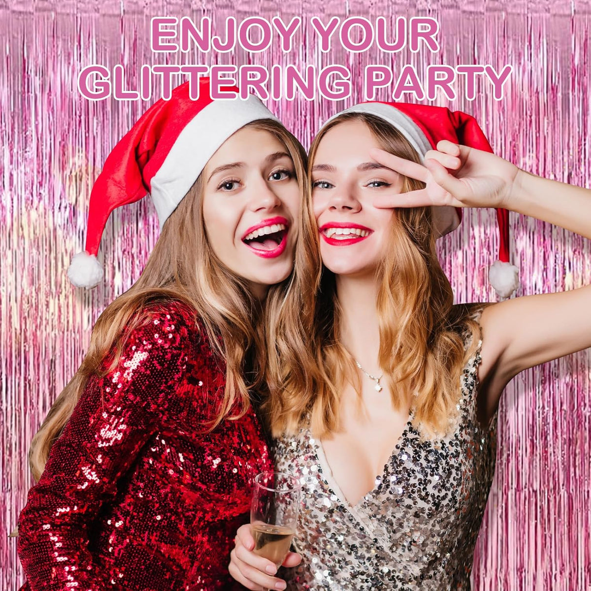 30 Pack Pink Foil Fringe Curtain Backdrop, 3.3x8.2 Feet Metallic Tinsel Streamer Curtains Photo