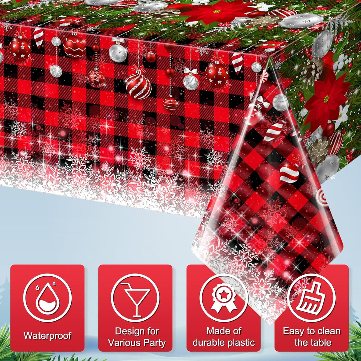 6Pcs Christmas Buffalo Plaid Snowflake Tablecloths,Plastic Red and Black Checkered Rectangle