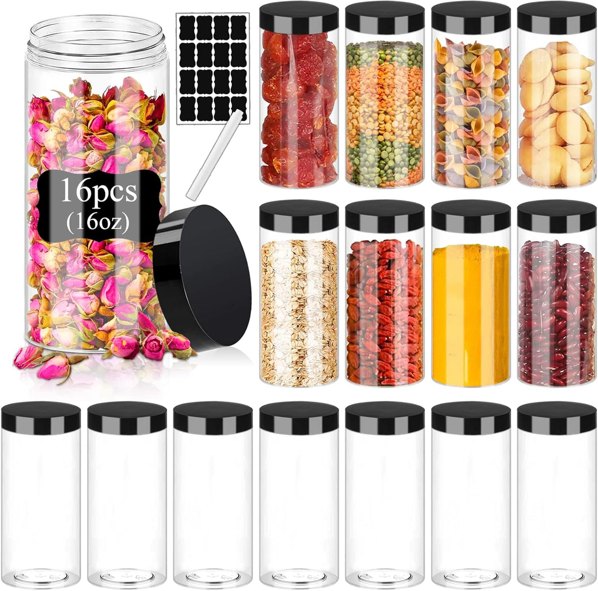 Plastic Jars with Lids 16OZ 16PCS Small Empty Slime Cosmetics Containers Clear Gift Food Jars Round
