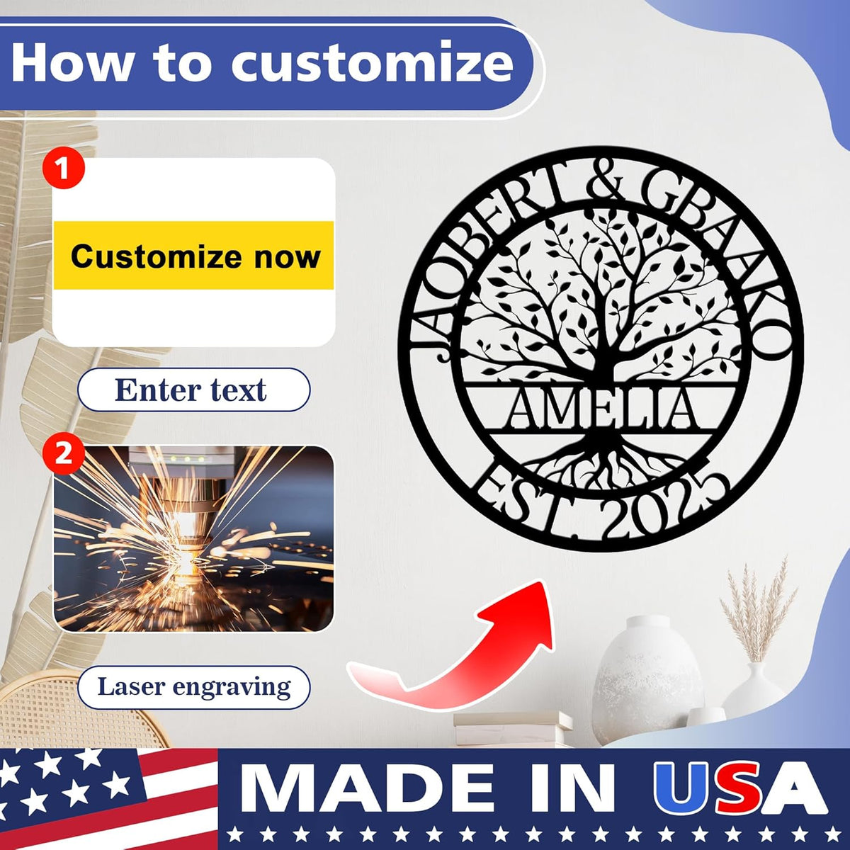 Custom Tree Of Life Metal Signs Wall Art, Personalized Family Last Name Outdoor Metal Signs