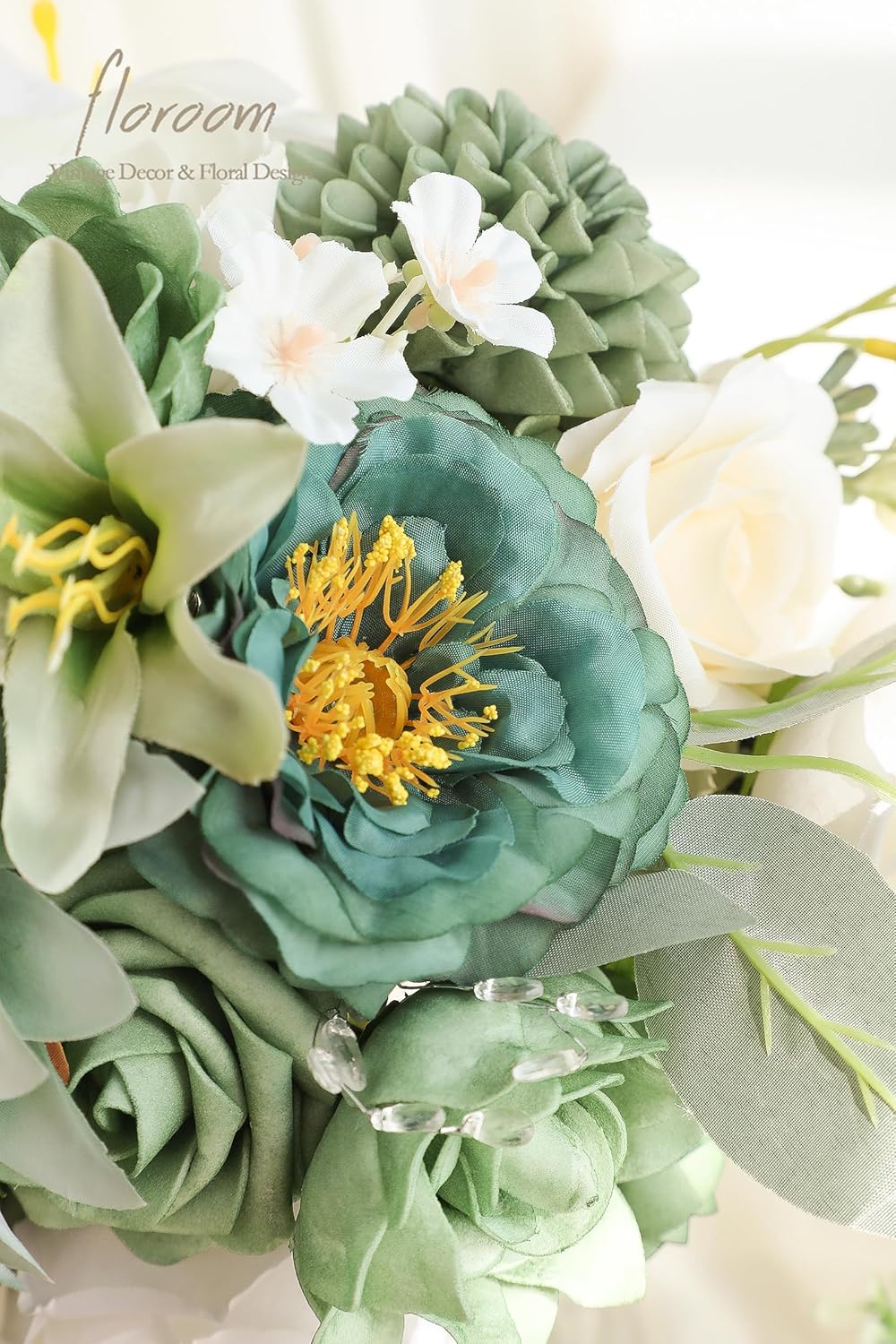Floroom Sage Green Artificial Flowers Fake Roses Peonies Dahlia Greenery Combo Box Set for DIY