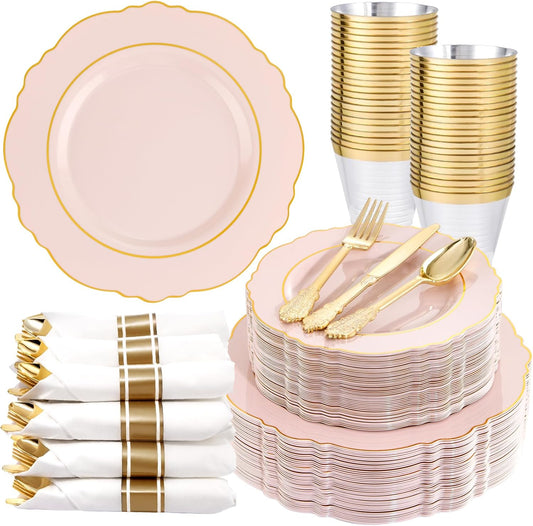 Liacere 350PCS Pink Plates Disposable - Pink and Gold Plates 50guest Baroque Plastic Dinnerware
