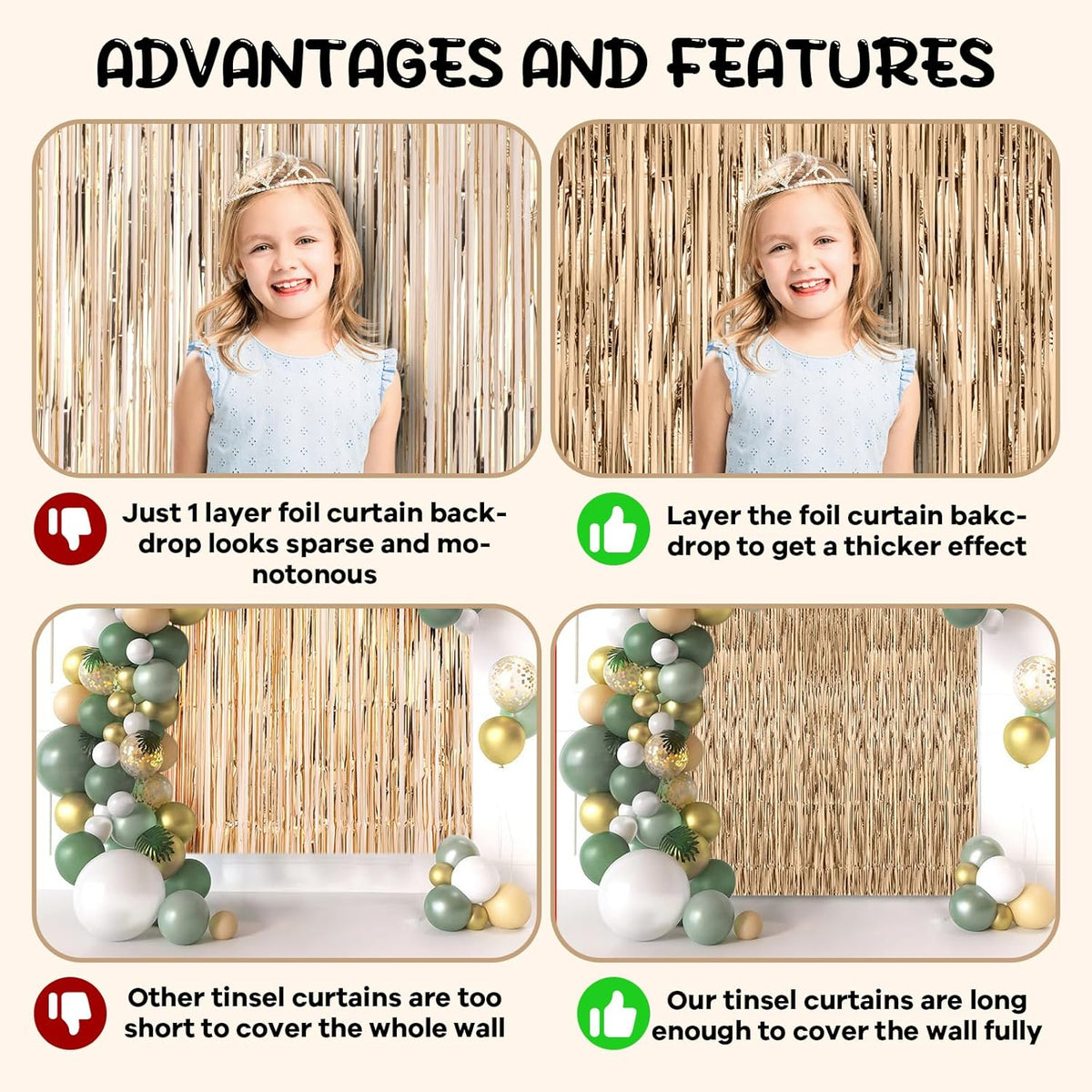 2 Pack Champagne Foil Fringe Backdrop Curtains, Tinsel Streamers Birthday Party Decorations, Fringe